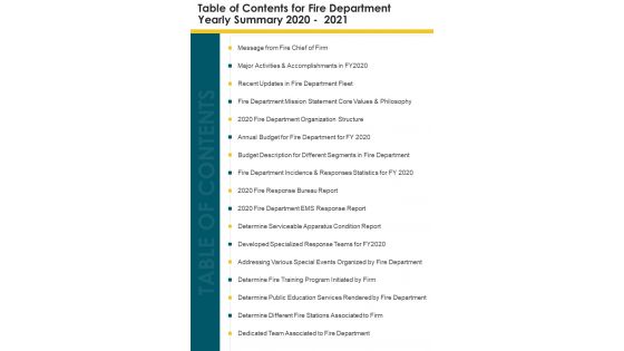 Table Of Contents For Fire Department Yearly Summary 2020 2021 One Pager Documents