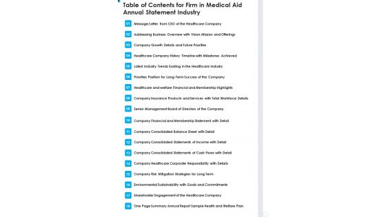 Table Of Contents For Firm In Medical Aid Annual Statement Industry One Pager Documents
