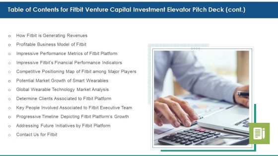 Table Of Contents For Fitbit Venture Capital Investment Elevator Pitch Deck Cont Infographics PDF