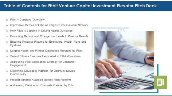 Table Of Contents For Fitbit Venture Capital Investment Elevator Pitch Deck Pictures PDF