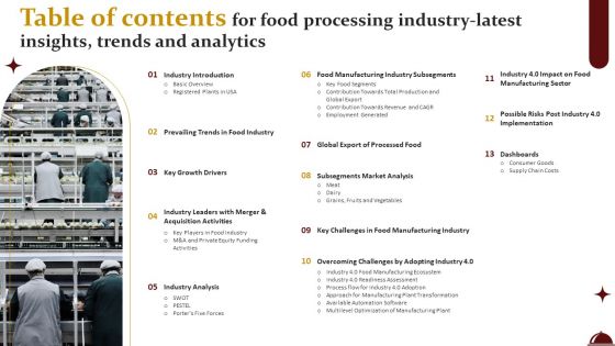 Table Of Contents For Food Processing Industry Latest Insights Trends And Analytics Graphics PDF