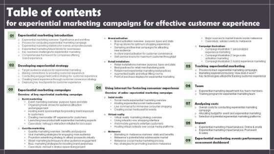 Table Of Contents For For Effective Customer Experience Experiential Marketing Campaigns Download PDF