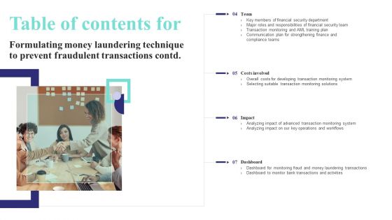 Table Of Contents For Formulating Money Laundering Technique To Prevent Fraudulent Portrait PDF