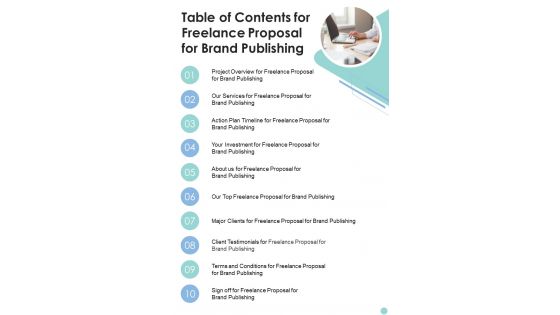 Table Of Contents For Freelance Proposal For Brand Publishing One Pager Sample Example Document