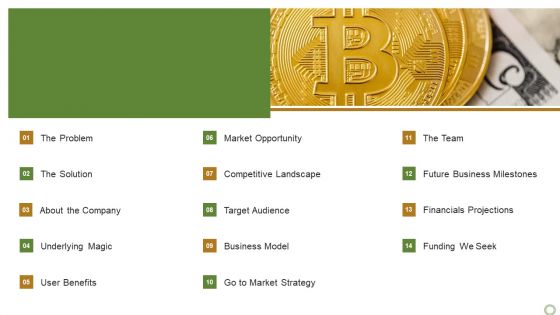 Table Of Contents For Fund Raising Cryptocurrency Startup Pitch Deck Download PDF