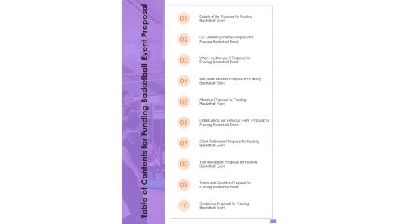 Table Of Contents For Funding Basketball Event Proposal One Pager Sample Example Document Table Of Contents For Funding Basketball Event Proposal One Pager Sample Example Document