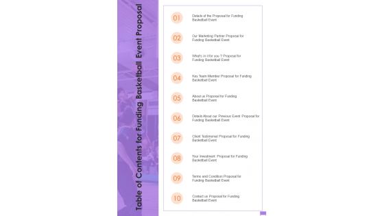 Table Of Contents For Funding Basketball Event Proposal One Pager Sample Example Document