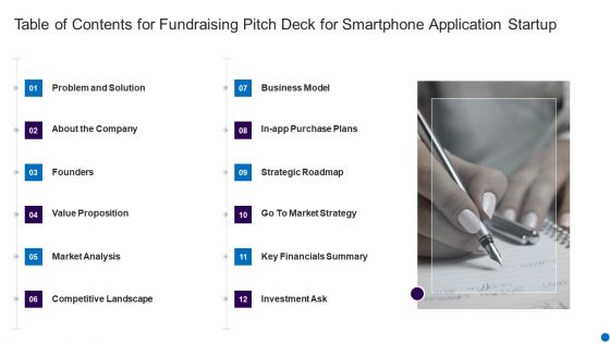 Table Of Contents For Fundraising Pitch Deck For Smartphone Application Startup Clipart PDF