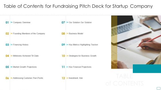 Table Of Contents For Fundraising Pitch Deck For Startup Company Topics PDF