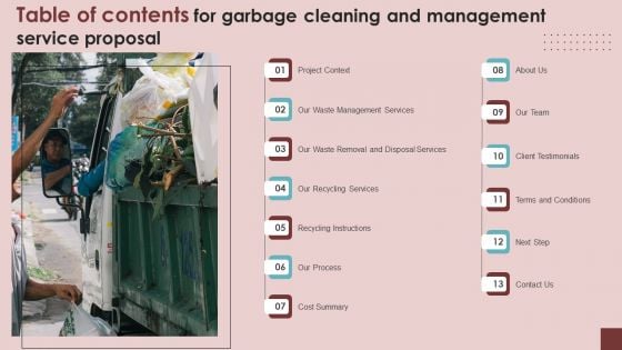 Table Of Contents For Garbage Cleaning And Management Service Proposal Demonstration PDF