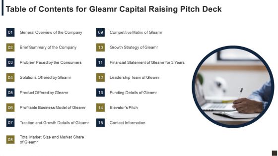 Table Of Contents For Gleamr Capital Raising Pitch Deck Ppt Layouts Tips PDF