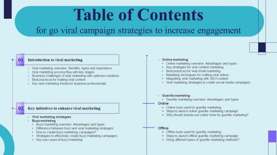 Table Of Contents For Go Viral Campaign Strategies To Increase Engagement Inspiration PDF