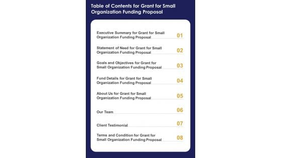 Table Of Contents For Grant For Small Organization Funding Proposal One Pager Sample Example Document Table Of Contents For Grant For Small Organization Funding Proposal One Pager Sample Example Document