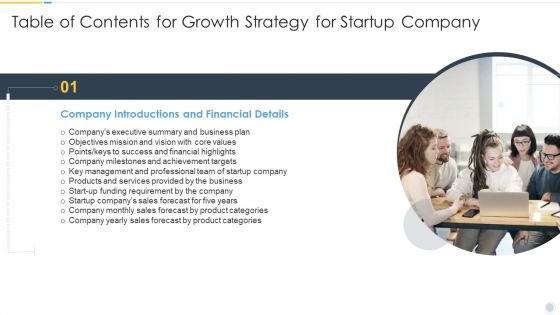 Table Of Contents For Growth Strategy For Startup Company Sample PDF