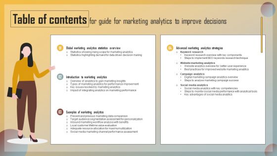 Table Of Contents For Guide For Marketing Analytics To Improve Decisions Demonstration PDF