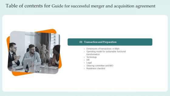 Table Of Contents For Guide For Successful Merger And Acquisition Agreement Slide Icons PDF