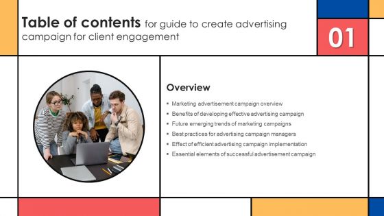Table Of Contents For Guide To Create Advertising Campaign For Client Engagement Overview Icons PDF