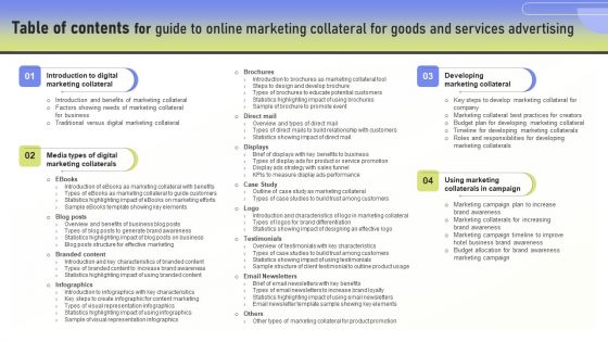 Table Of Contents For Guide To Online Marketing Collateral For Goods And Services Advertising Sample PDF Table Of Contents For Guide To Online Marketing Collateral For Goods And Services Advertising Sample PDF
