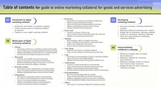 Table Of Contents For Guide To Online Marketing Collateral For Goods And Services Advertising Sample PDF