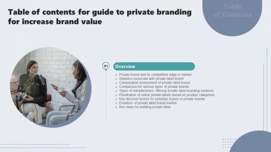 Table Of Contents For Guide To Private Branding For Increase Brand Value Label Themes PDF