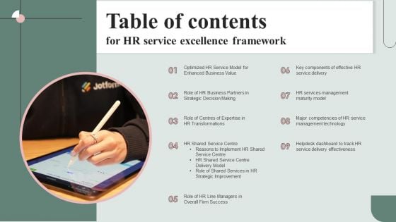 Table Of Contents For HR Service Excellence Framework Guidelines PDF