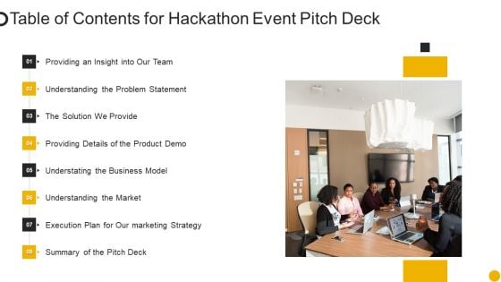 Table Of Contents For Hackathon Event Pitch Deck Ppt Summary Format PDF