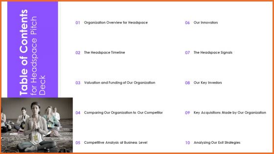 Table Of Contents For Headspace Pitch Deck Icons PDF