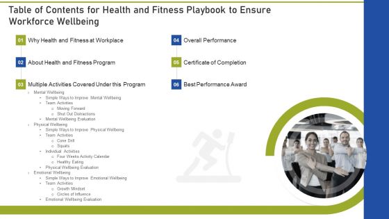 Table Of Contents For Health And Fitness Playbook To Ensure Workforce Wellbeing Themes PDF