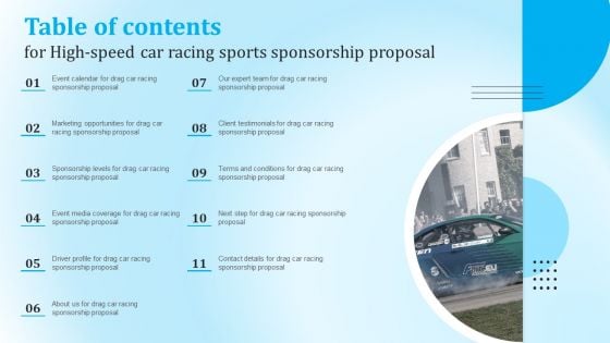 Table Of Contents For High Speed Car Racing Sports Sponsorship Proposal Download PDF