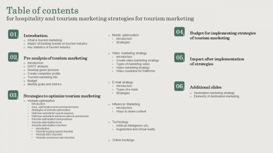 Table Of Contents For Hospitality And Tourism Marketing Strategies For Tourism Marketing Professional PDF