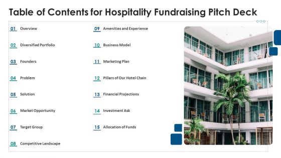 Table Of Contents For Hospitality Fundraising Pitch Deck Template PDF