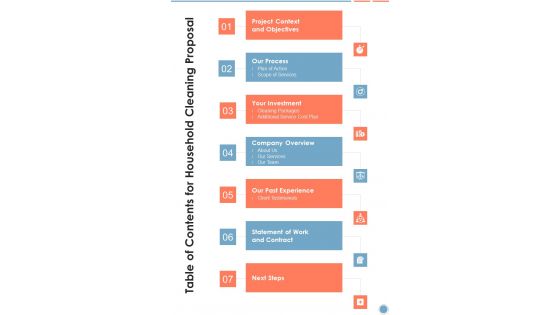 Table Of Contents For Household Cleaning Proposal One Pager Sample Example Document Table Of Contents For Household Cleaning Proposal One Pager Sample Example Document