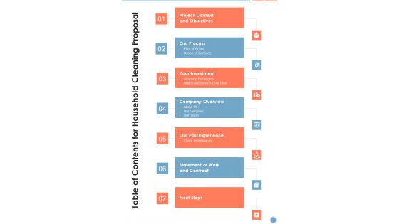 Table Of Contents For Household Cleaning Proposal One Pager Sample Example Document