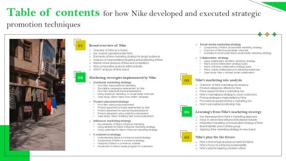 Table Of Contents For How Nike Developed And Executed Strategic Promotion Techniques Template PDF Table Of Contents For How Nike Developed And Executed Strategic Promotion Techniques Template PDF