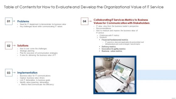 Table Of Contents For How To Evaluate And Develop The Organizational Value Of IT Service Elements PDF