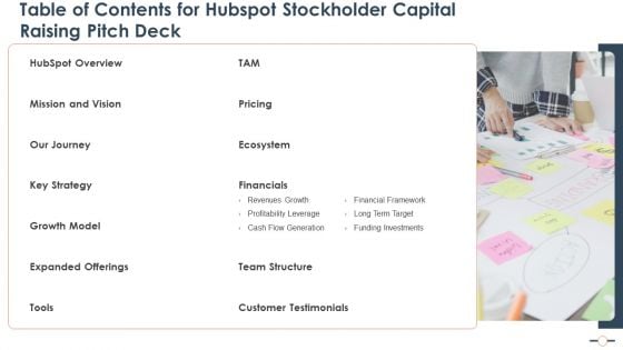 Table Of Contents For Hubspot Stockholder Capital Raising Pitch Deck Pictures PDF Table Of Contents For Hubspot Stockholder Capital Raising Pitch Deck Pictures PDF