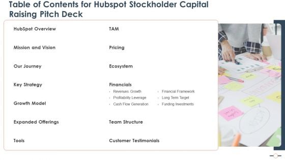 Table Of Contents For Hubspot Stockholder Capital Raising Pitch Deck Pictures PDF