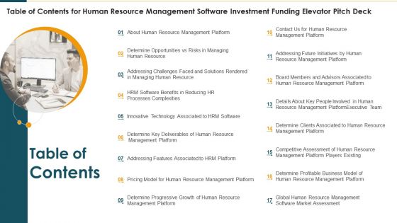Table Of Contents For Human Resource Management Software Investment Funding Elevator Pitch Deck Microsoft PDF