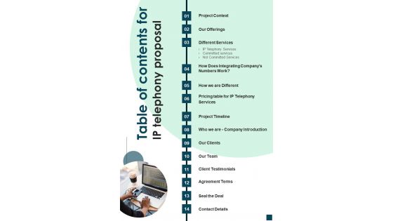 Table Of Contents For IP Telephony Proposal One Pager Sample Example Document Table Of Contents For IP Telephony Proposal One Pager Sample Example Document