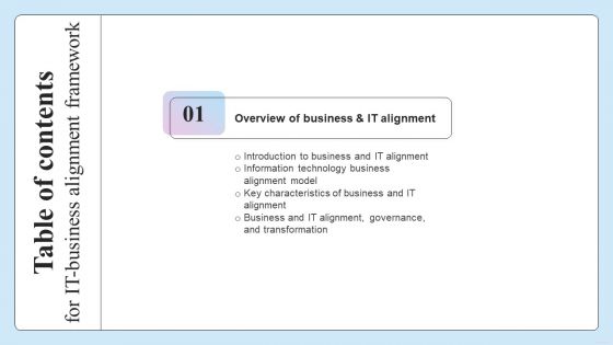 Table Of Contents For IT Business Alignment Framework Slide Formats PDF