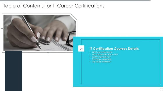 Table Of Contents For IT Career Certificationss Ppt PowerPoint Presentation Gallery Templates PDF