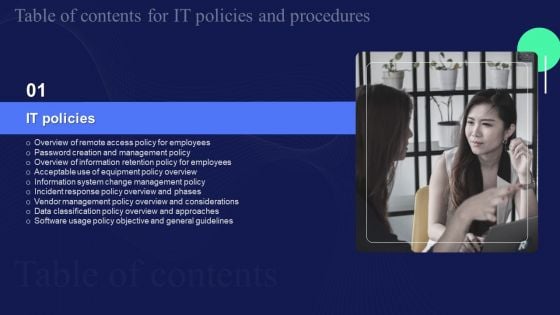 Table Of Contents For IT Policies And Procedures Summary PDF