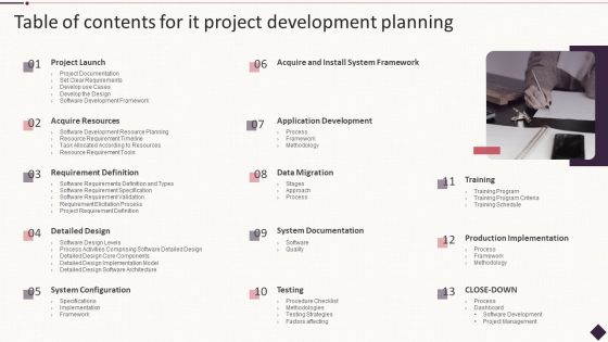Table Of Contents For IT Project Development Planning Microsoft PDF