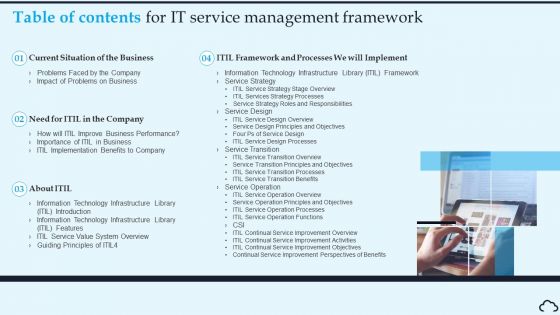 Table Of Contents For IT Service Management Framework Pictures PDF