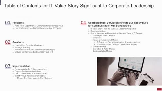 Table Of Contents For IT Value Story Significant To Corporate Leadership Themes PDF