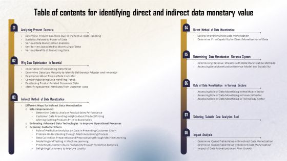 Table Of Contents For Identifying Direct And Indirect Data Monetary Value Designs PDF