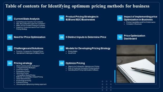 Table Of Contents For Identifying Optimum Pricing Methods For Business Graphics PDF Table Of Contents For Identifying Optimum Pricing Methods For Business Graphics PDF