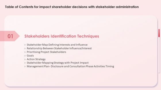 Table Of Contents For Impact Shareholder Decisions With Stakeholder Administration Slide Background PDF