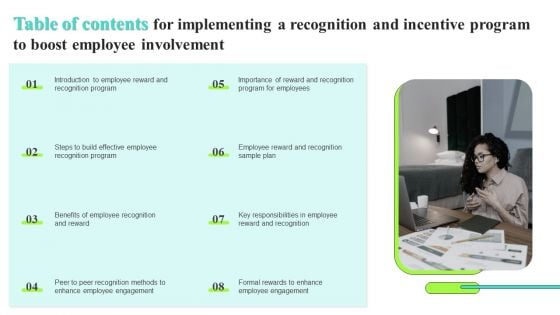 Table Of Contents For Implementing A Recognition And Incentive Program To Boost Employee Involvement Demonstration PDF