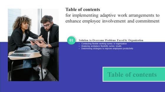 Table Of Contents For Implementing Adaptive Work Arrangements To Enhance Employee Involvement And Commitment Information PDF